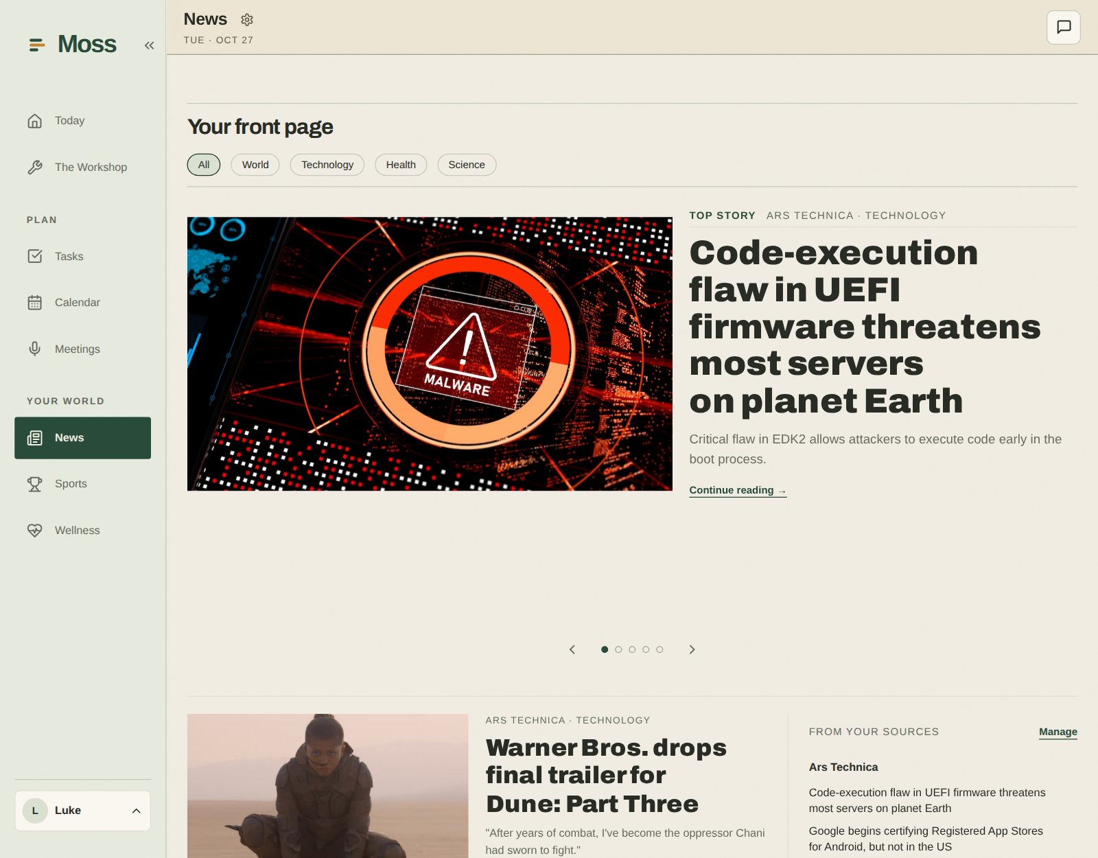 Moss News front page with a lead story and source headlines