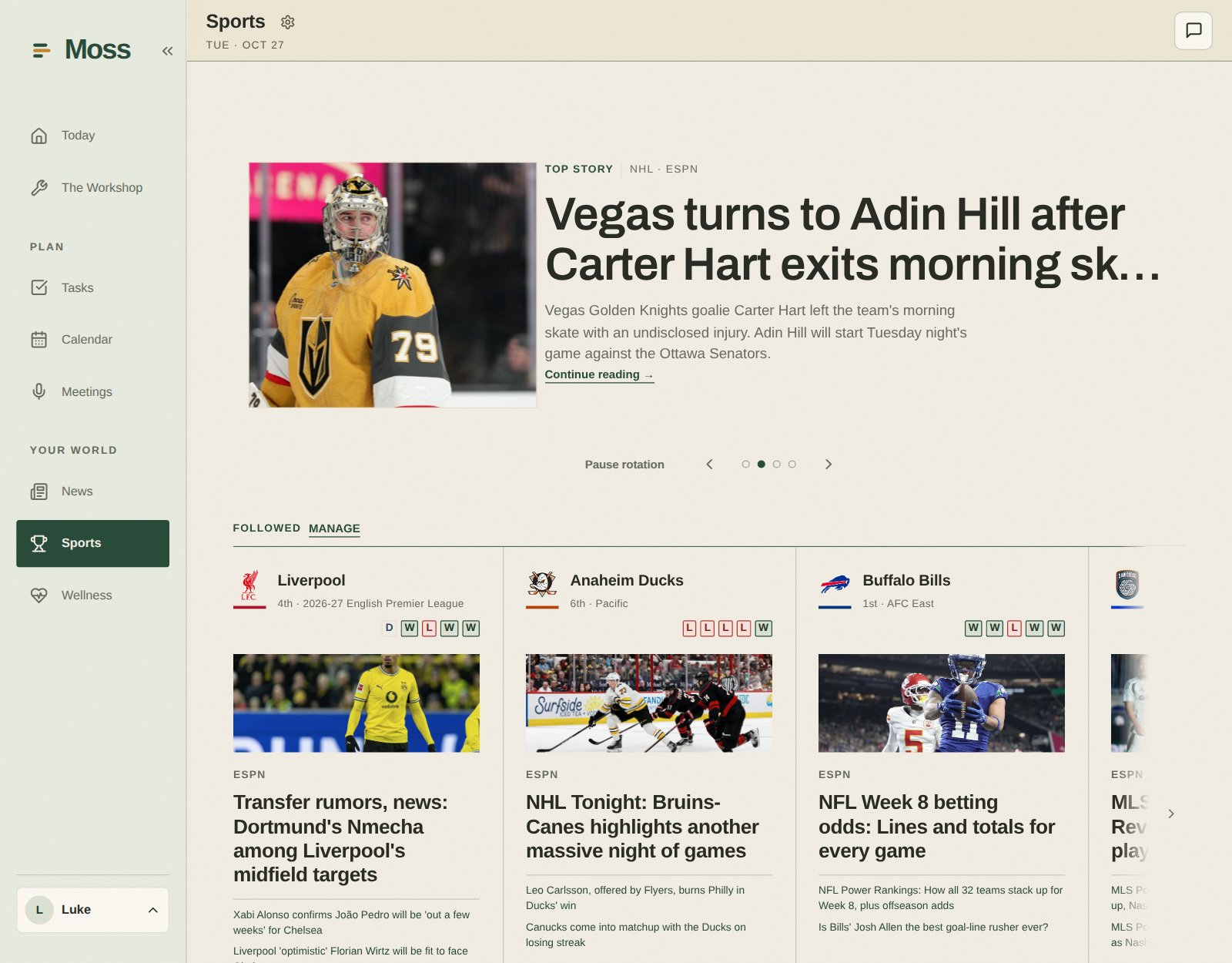 Moss Sports with followed teams, scores, and upcoming games