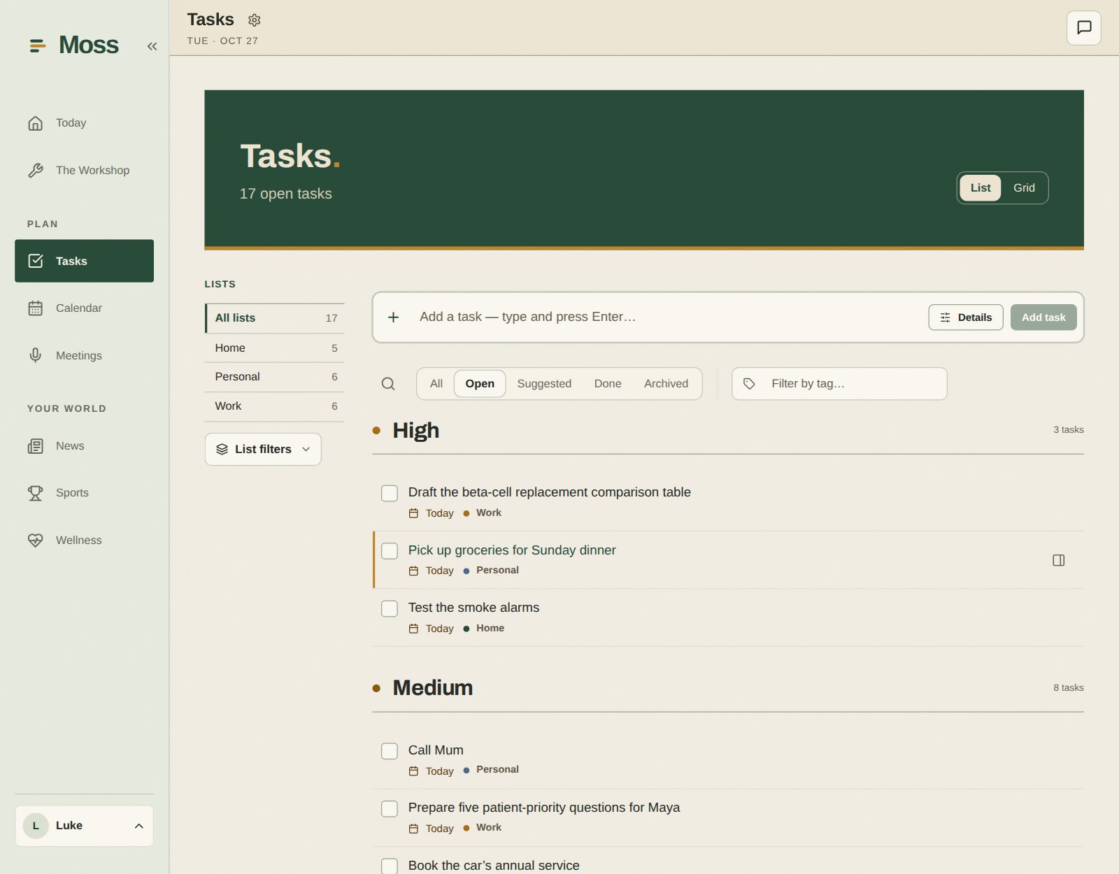Moss Tasks with Work, Personal, and Home lists