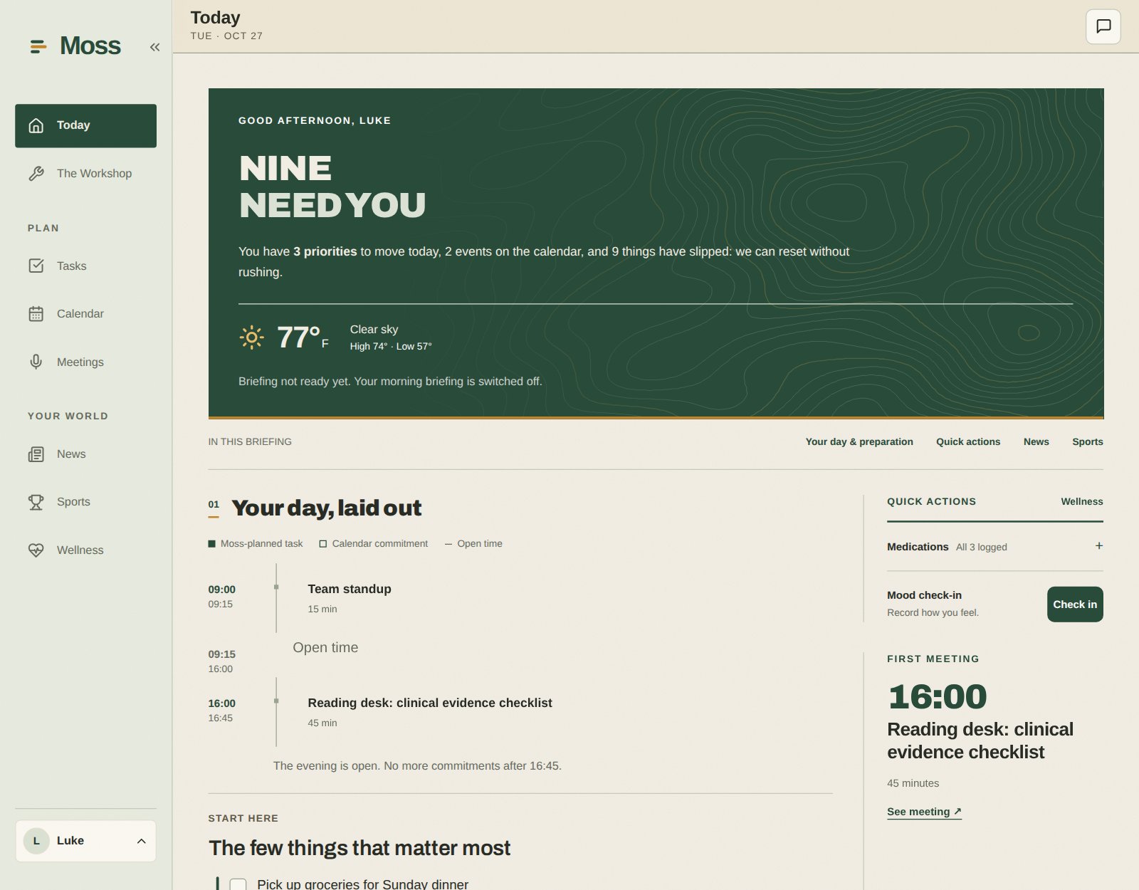 Moss Today screen with work priorities, personal tasks, calendar, and wellness for a sample user