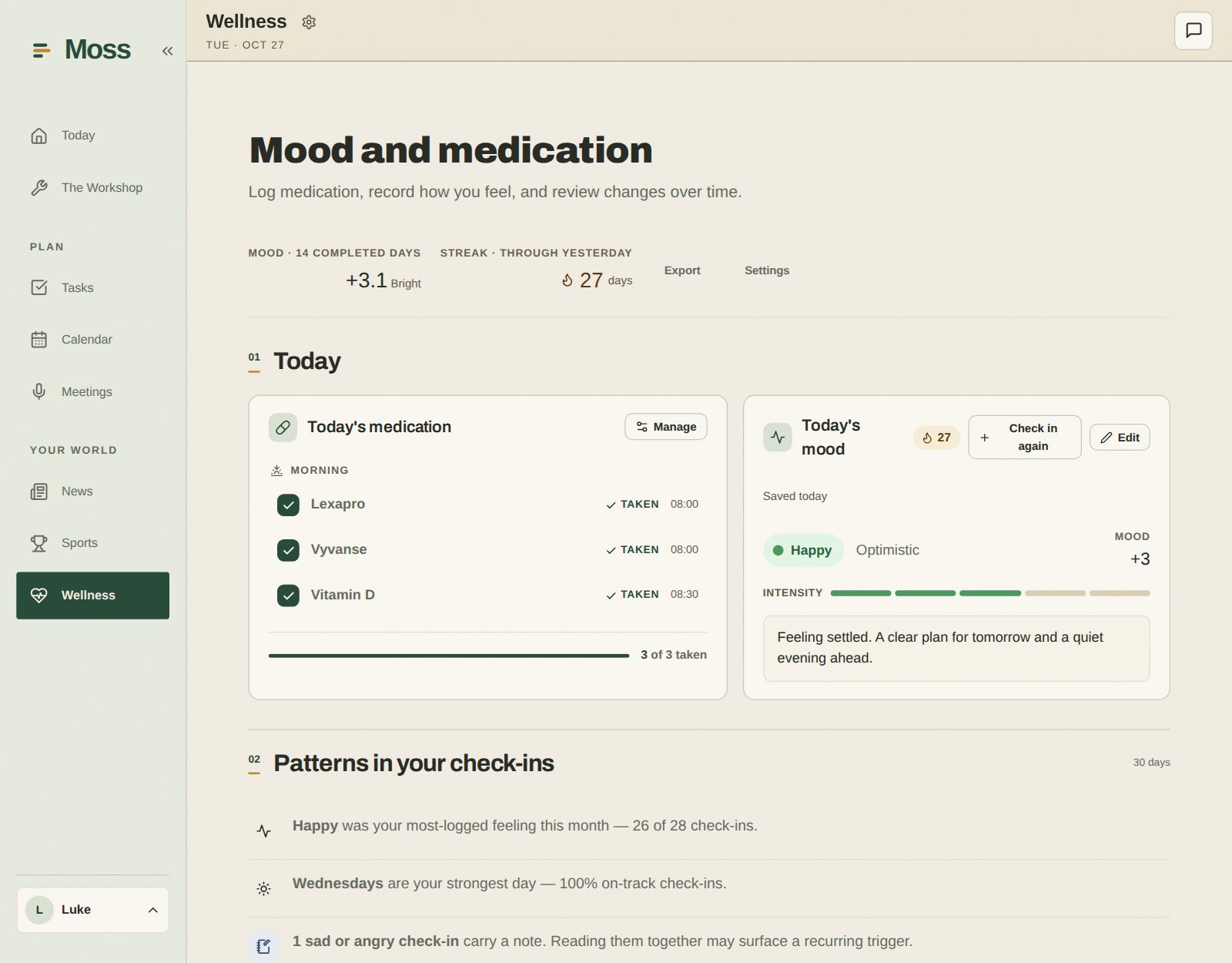 Moss Wellness with a mood check-in and recent trends
